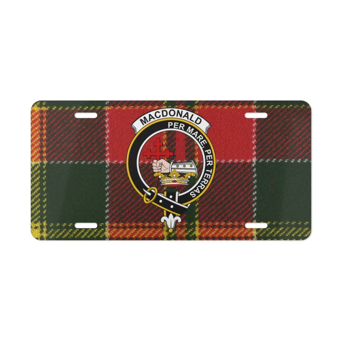 MacDonald clan tartan plaid design license plate — By Sea By Land heraldic design on aluminium