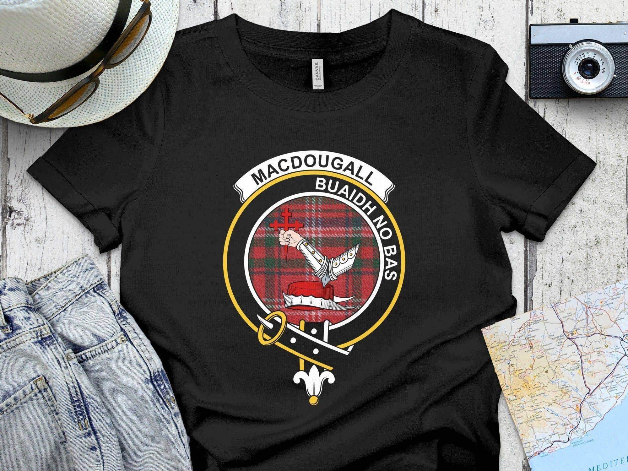 MacDougall clan crest tartan t-shirt — Buaidh No Bas hand and cross heraldic design on 100% cotton