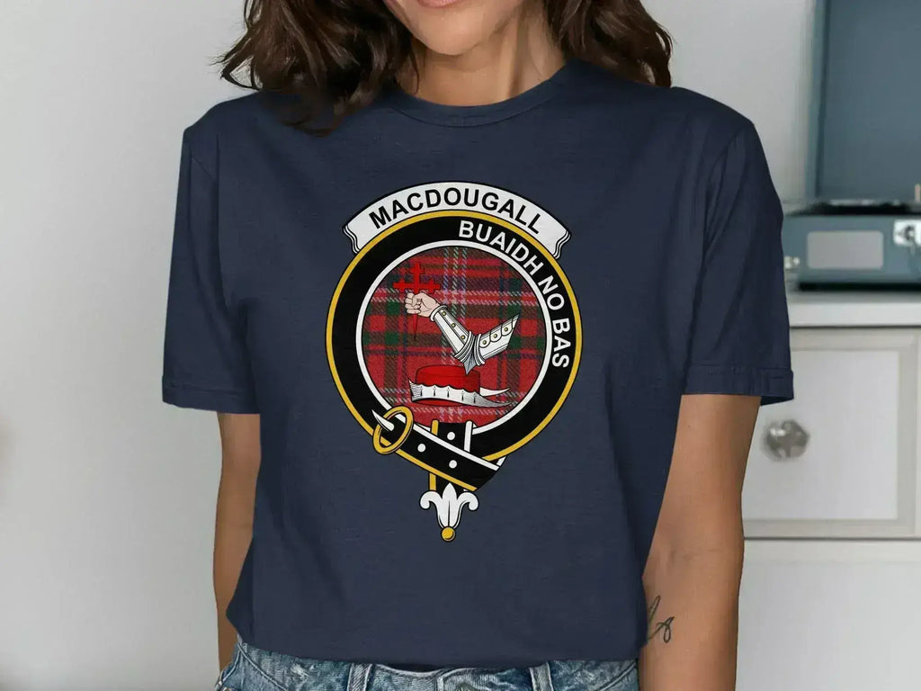 MacDougall Buaidh No Bas crest t-shirt — Victory or Death clan design on cotton, unisex fit