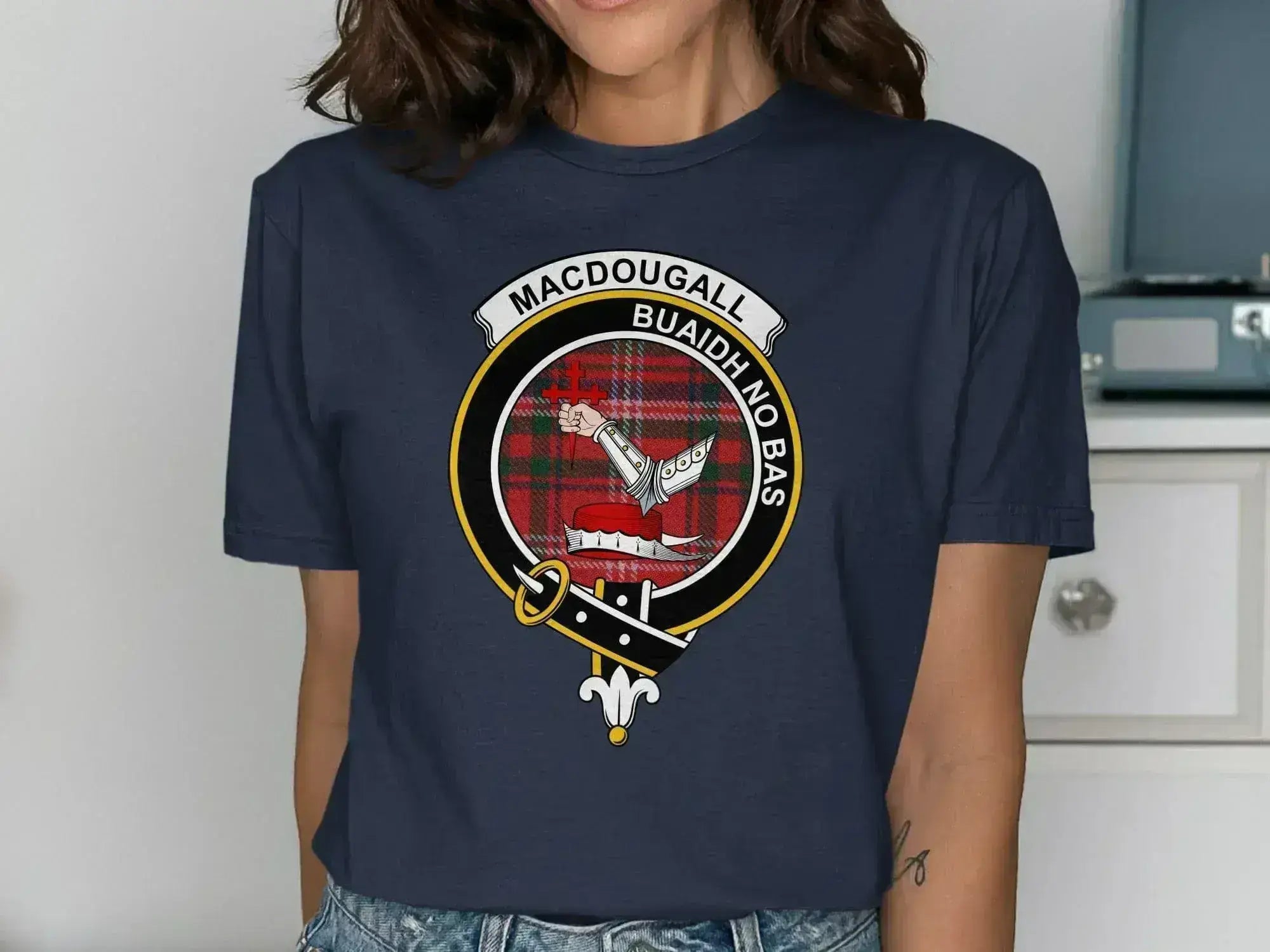 MacDougall Buaidh No Bas crest t-shirt — Victory or Death clan design on cotton, unisex fit