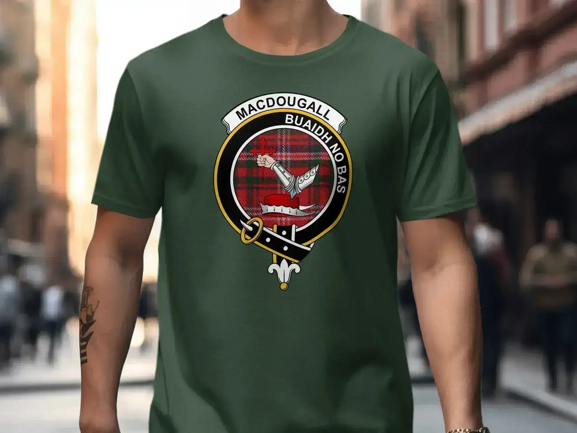 MacDougall clan crest shirt for Scottish heritage — Buaidh No Bas heraldic design on cotton