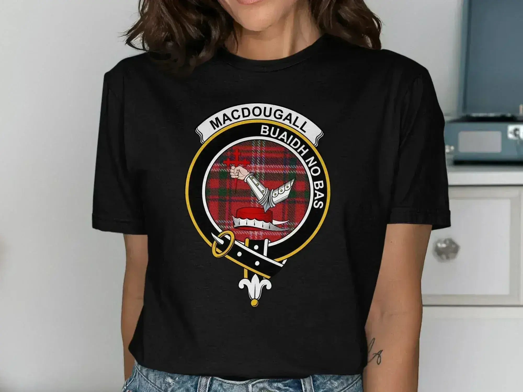 MacDougall Buaidh No Bas graphic t-shirt — clan heraldic design on softstyle cotton
