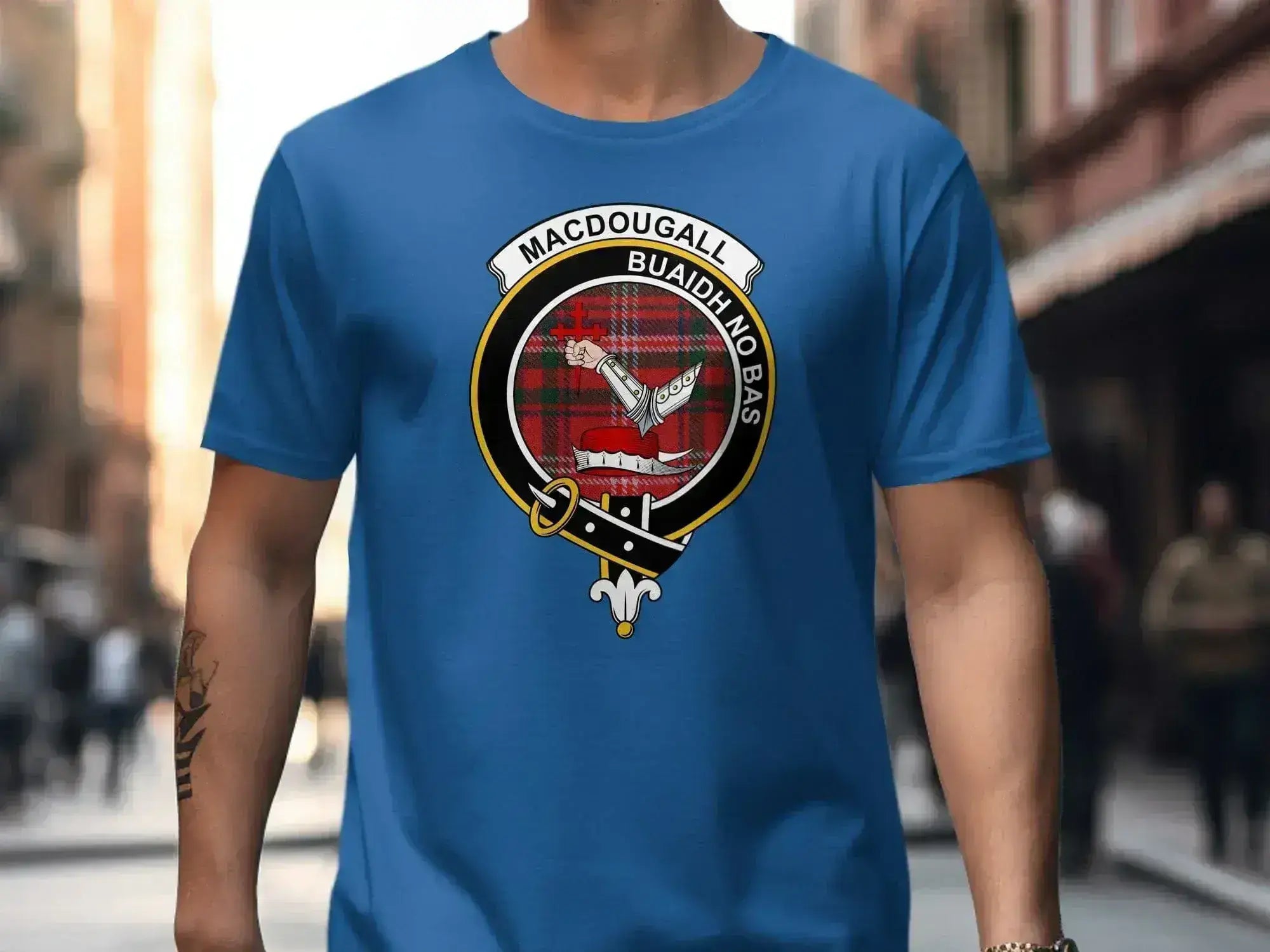 MacDougall Buaidh No Bas crest emblem t-shirt — Victory or Death heraldic design on cotton