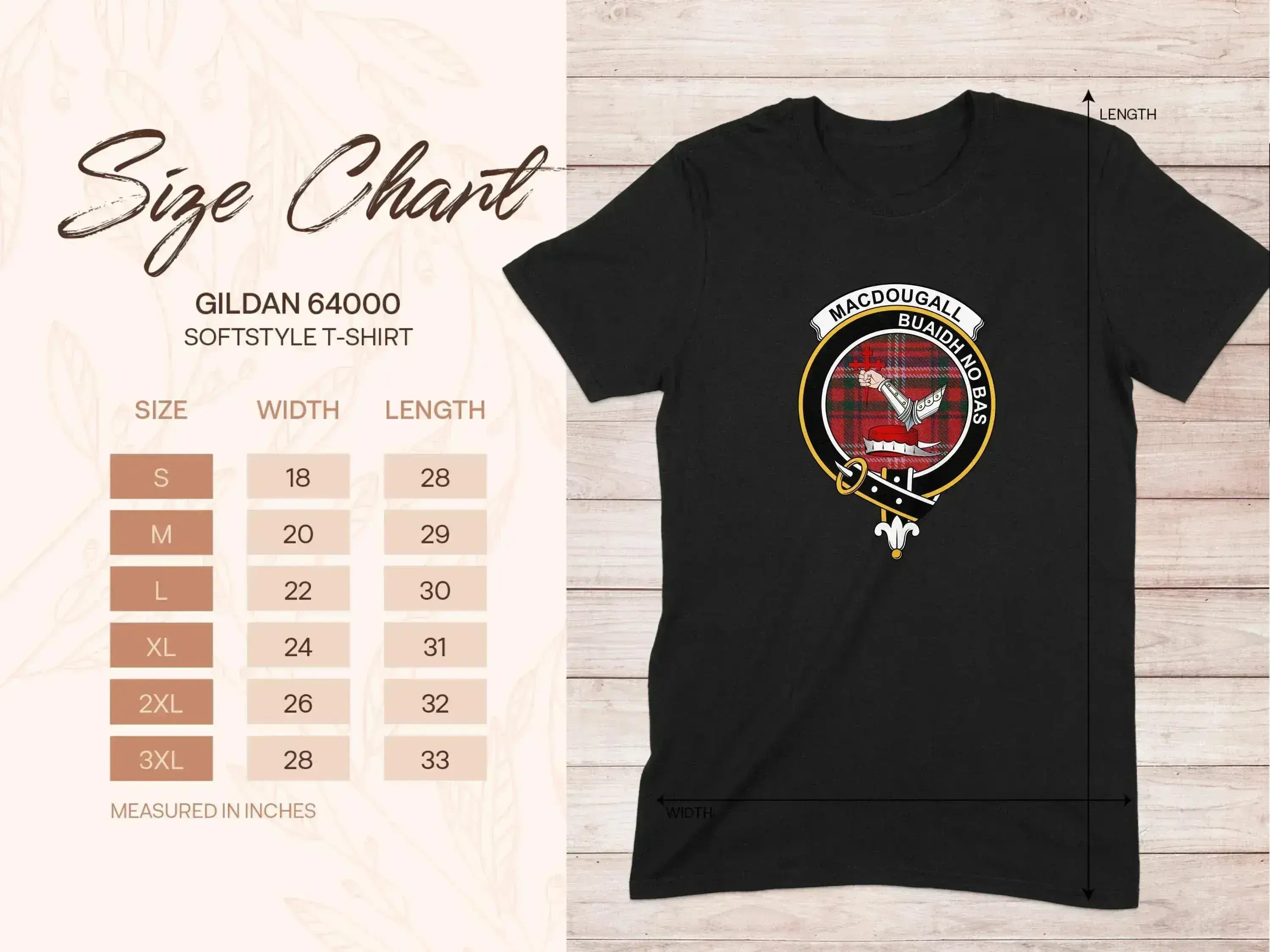 MacDougall clan badge graphic softstyle t-shirt — Buaidh No Bas heraldic design on cotton