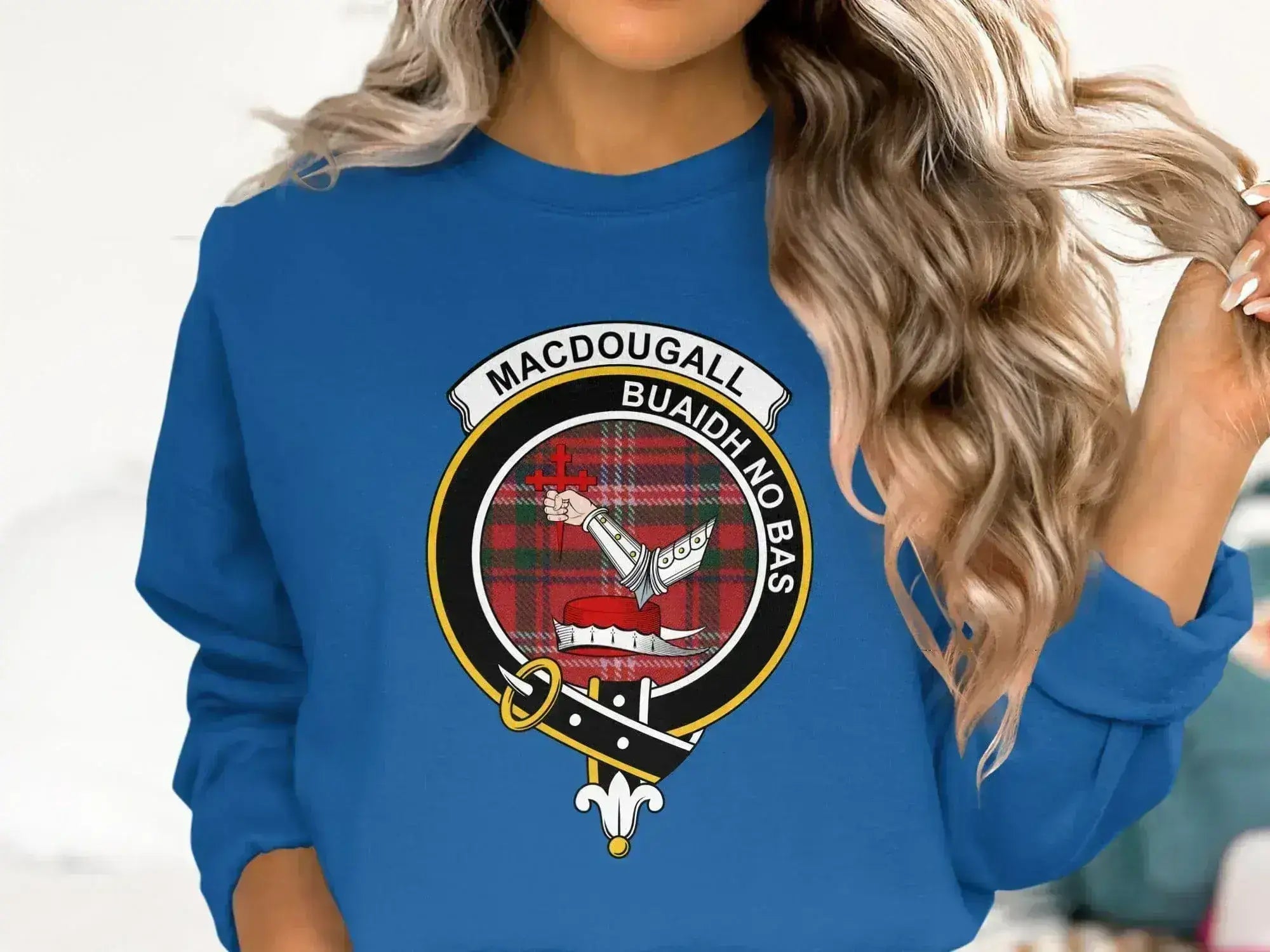 MacDougall Buaidh No Bas clan crest blue sweatshirt — Victory or Death heraldic on fleece