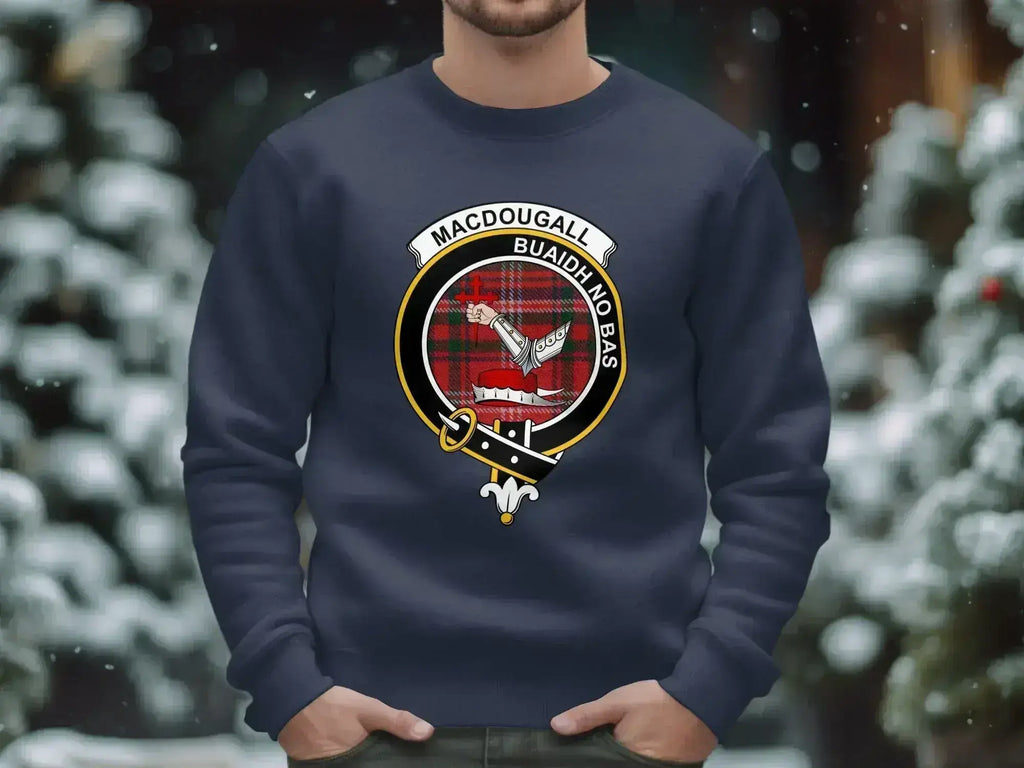 MacDougall Buaidh No Bas crest graphic sweatshirt — full clan heraldic on fleece, laid flat
