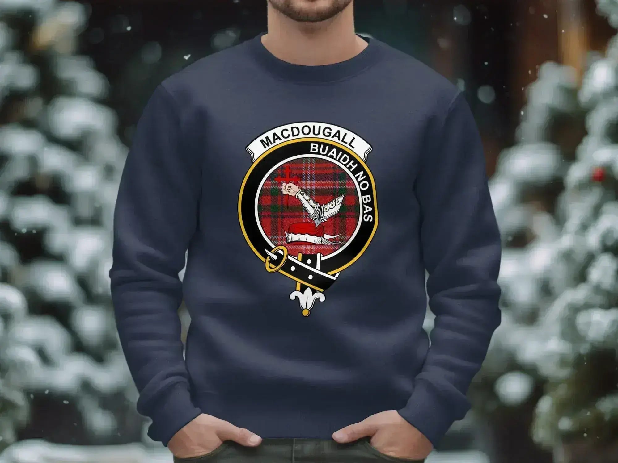 MacDougall Buaidh No Bas crest graphic sweatshirt — full clan heraldic on fleece, laid flat