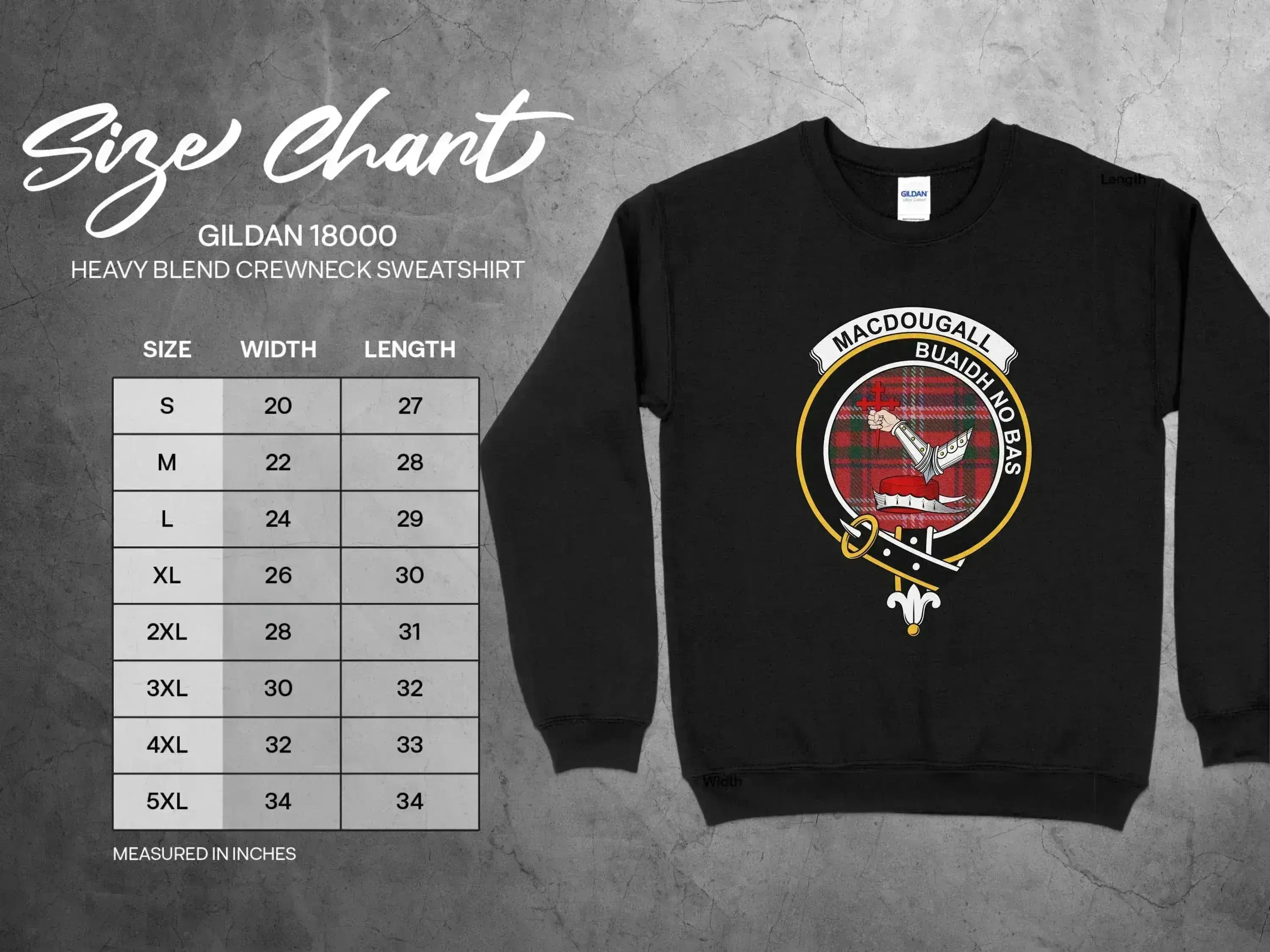 MacDougall clan crest crewneck sweatshirt — Buaidh No Bas heraldic design printed on fleece pullover