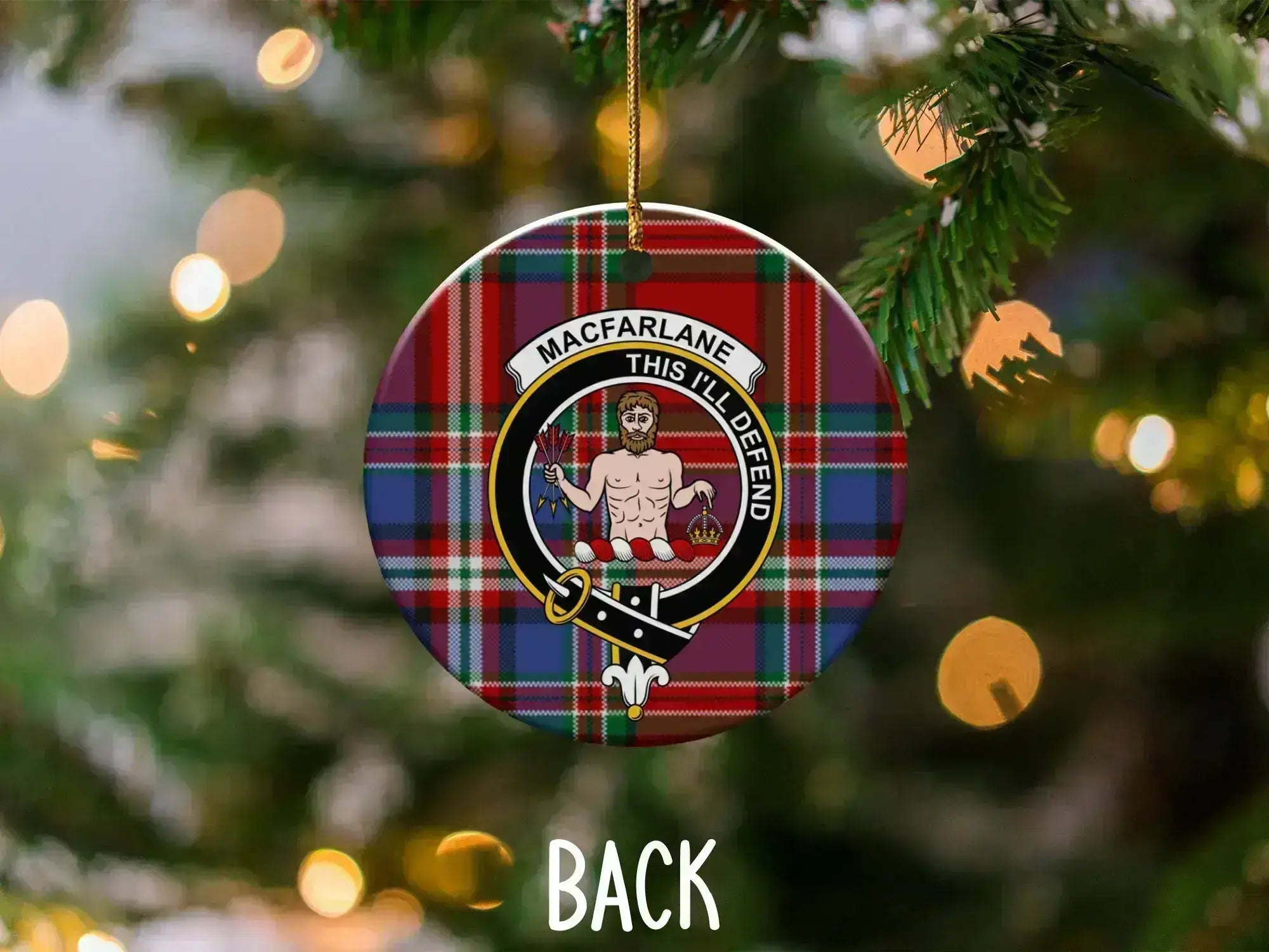 MacFarlane clan tartan Christmas tree ornament — 3-inch ceramic disc, gold hanging string