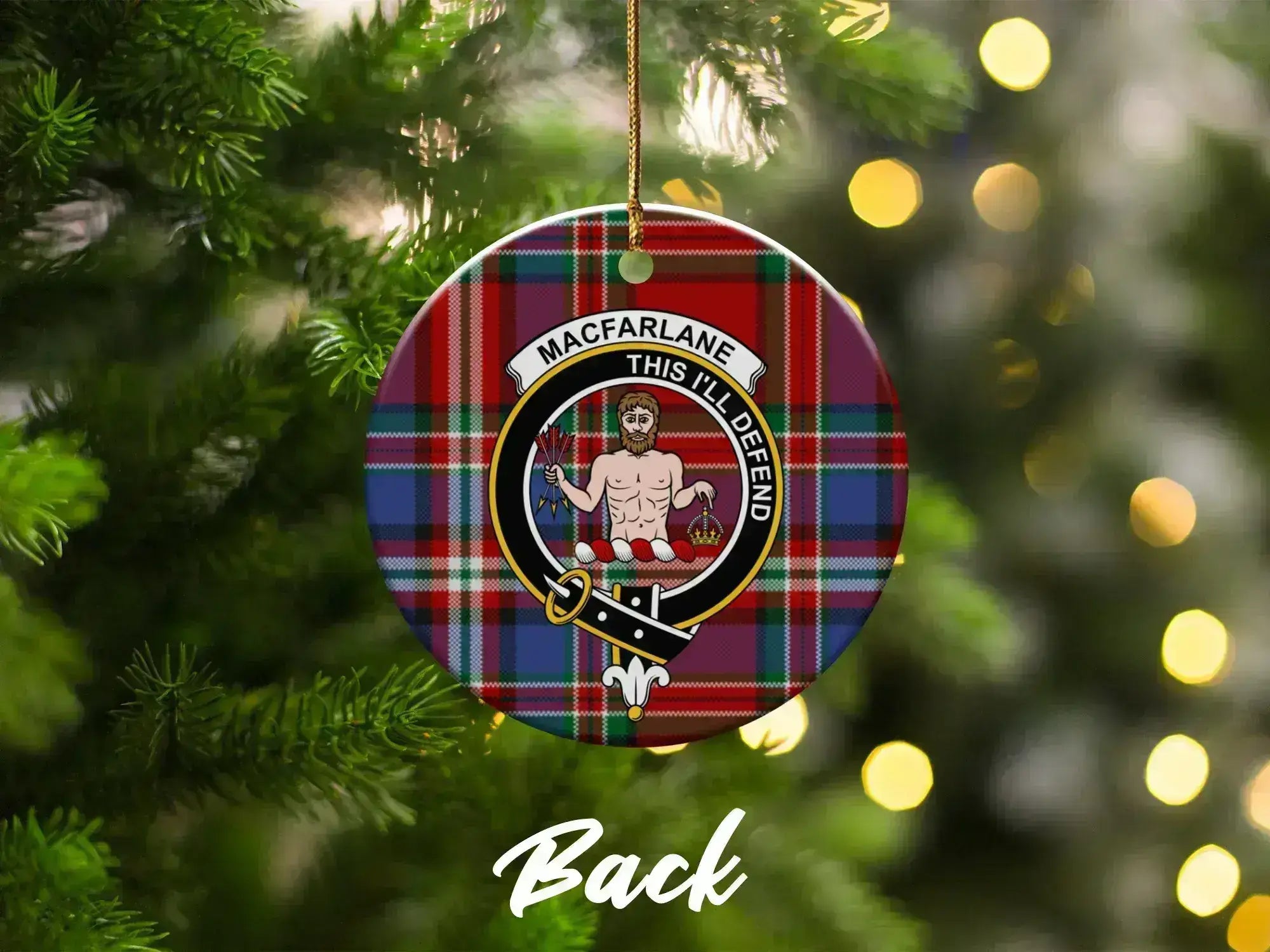 MacFarlane This I'll Defend Christmas ornament back view — double-sided glazed ceramic, 3-inch disc