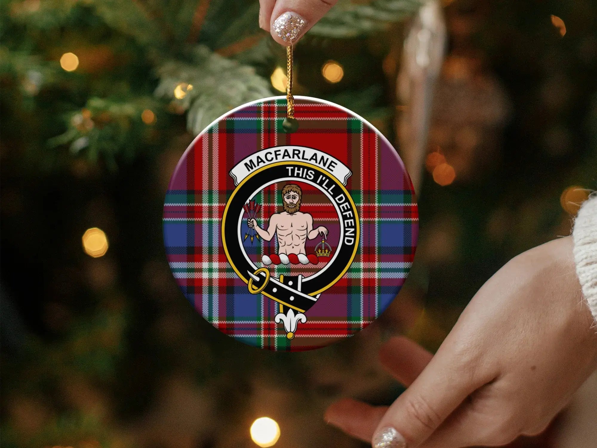 MacFarlane clan crest tartan plaid pattern ornament — glossy finish, double-sided 3-inch ceramic disc