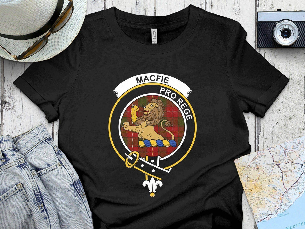 MacFie clan crest lion rampant printed t-shirt — navy cotton Pro Rege Scottish tee