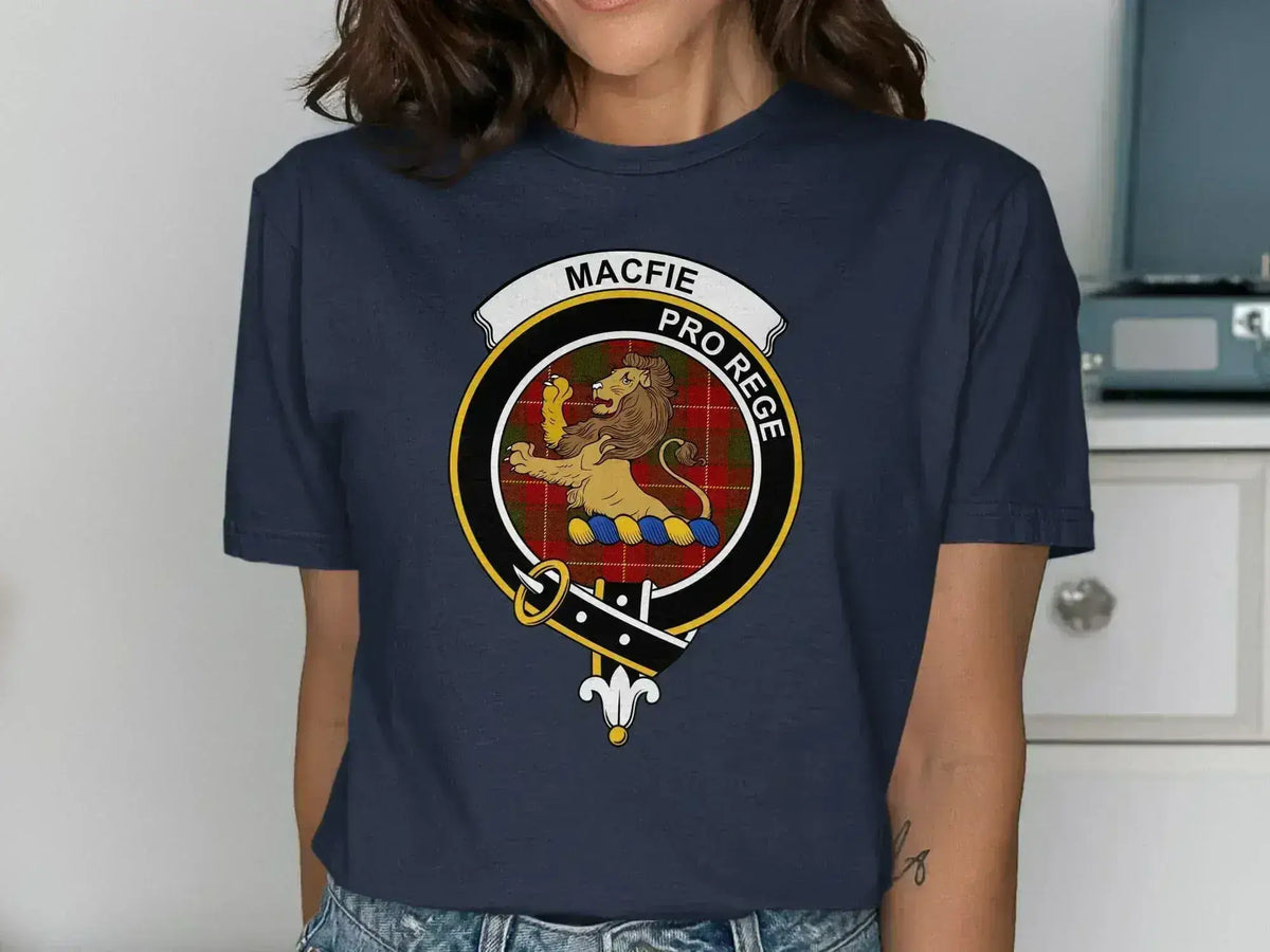 Clan MacFie Pro Rege crest printed on royal blue t-shirt — unisex cotton short sleeve