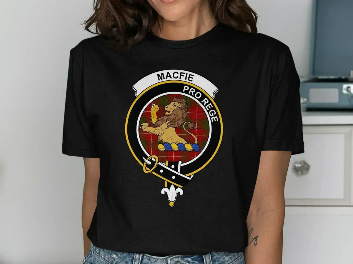 MacFie Pro Rege crest printed on forest green t-shirt — soft cotton unisex fit
