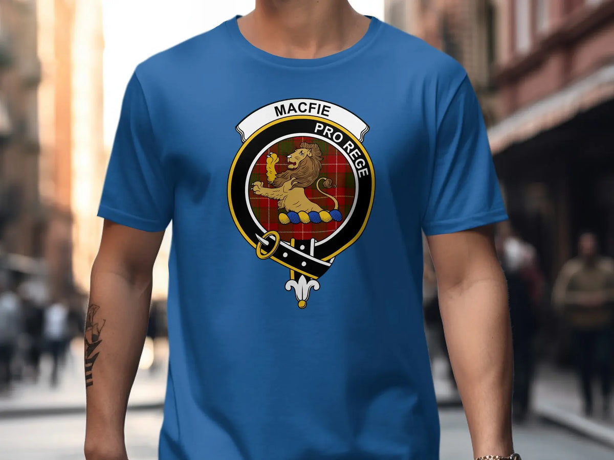 Clan MacFie lion emblem printed t-shirt — close-up front crest and tartan detail