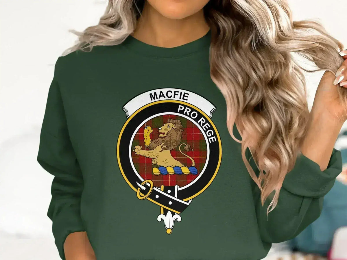 MacFie clan crest sweatshirt in forest green — lion rampant Pro Rege printed crewneck