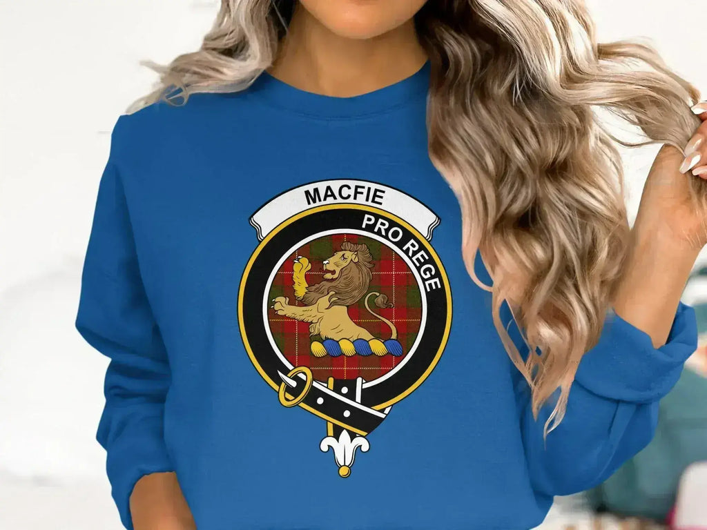 MacFie clan crest sweatshirt in black — Pro Rege printed front panel ribbed cuffs
