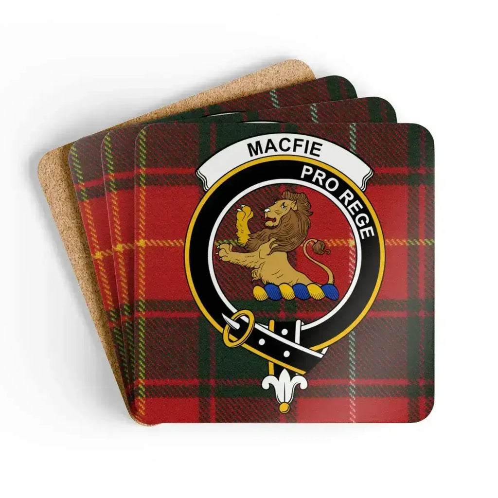 MacFie clan crest tartan coaster set — Pro Rege lion rampant glossy print on cork-backed square
