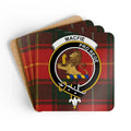 MacFie clan crest tartan coaster set — Pro Rege lion rampant glossy print on cork-backed square