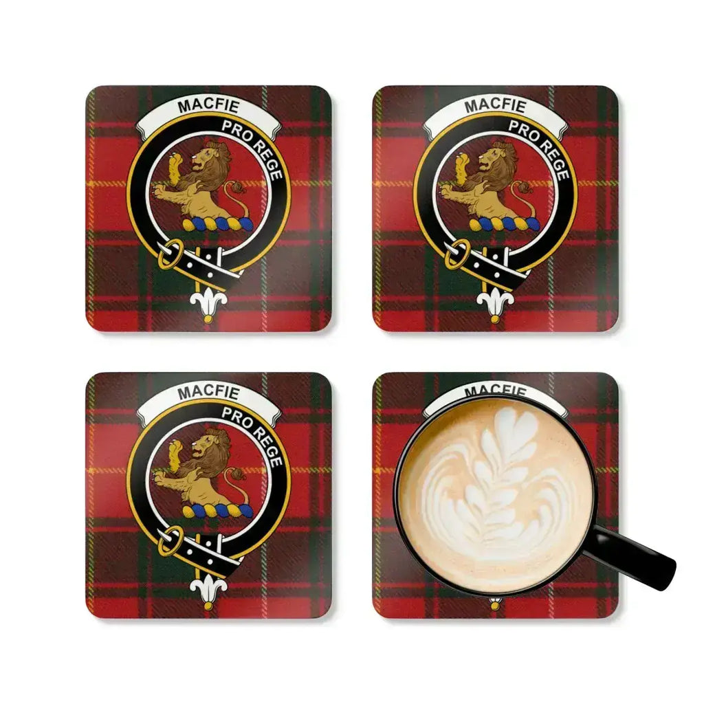 MacFie tartan crest coasters set of four displayed on table — full colour Scottish crest print