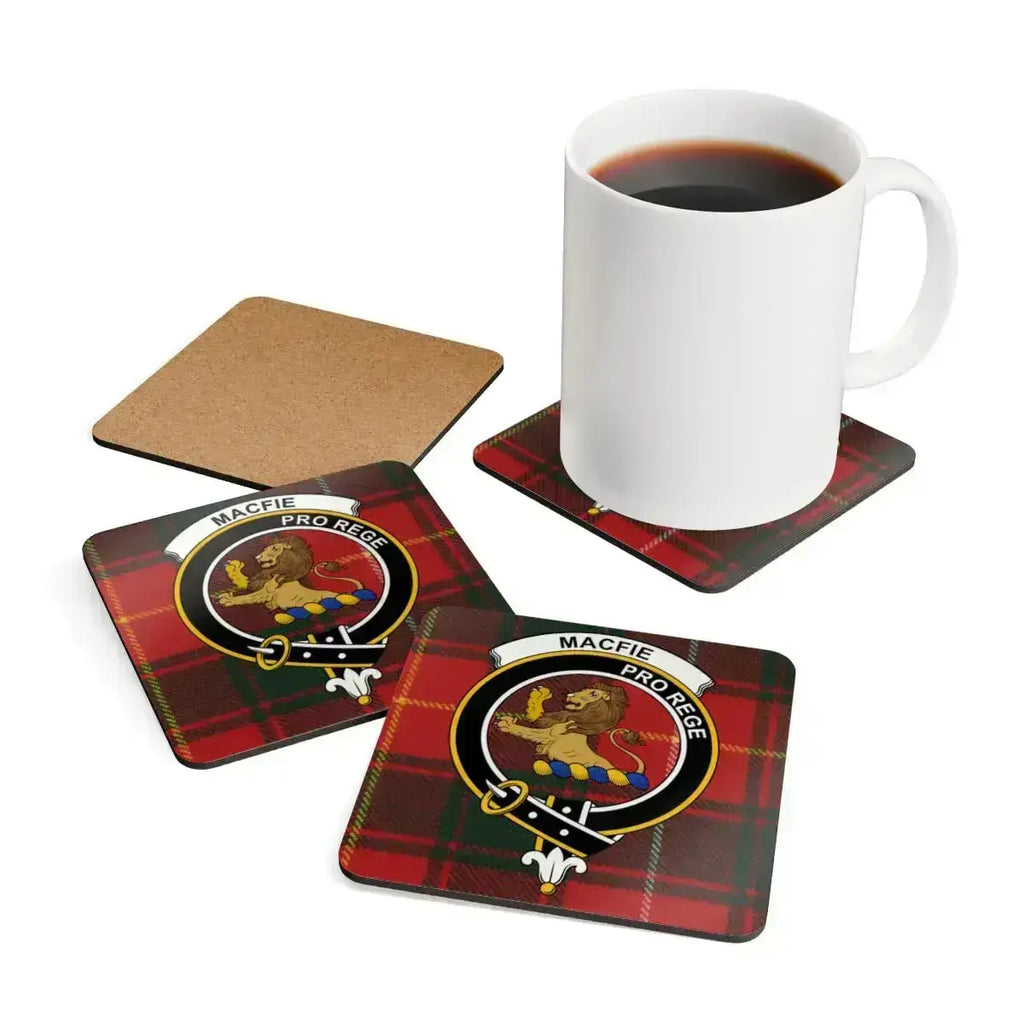 MacFie Pro Rege lion rampant coaster set stacked — showing cork base and crest detail