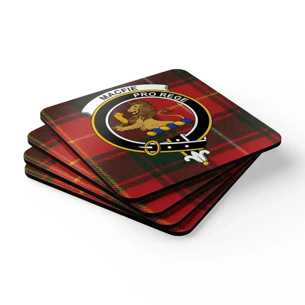 MacFie clan crest coaster in use under glass — 3.75 inch square cork tartan coaster
