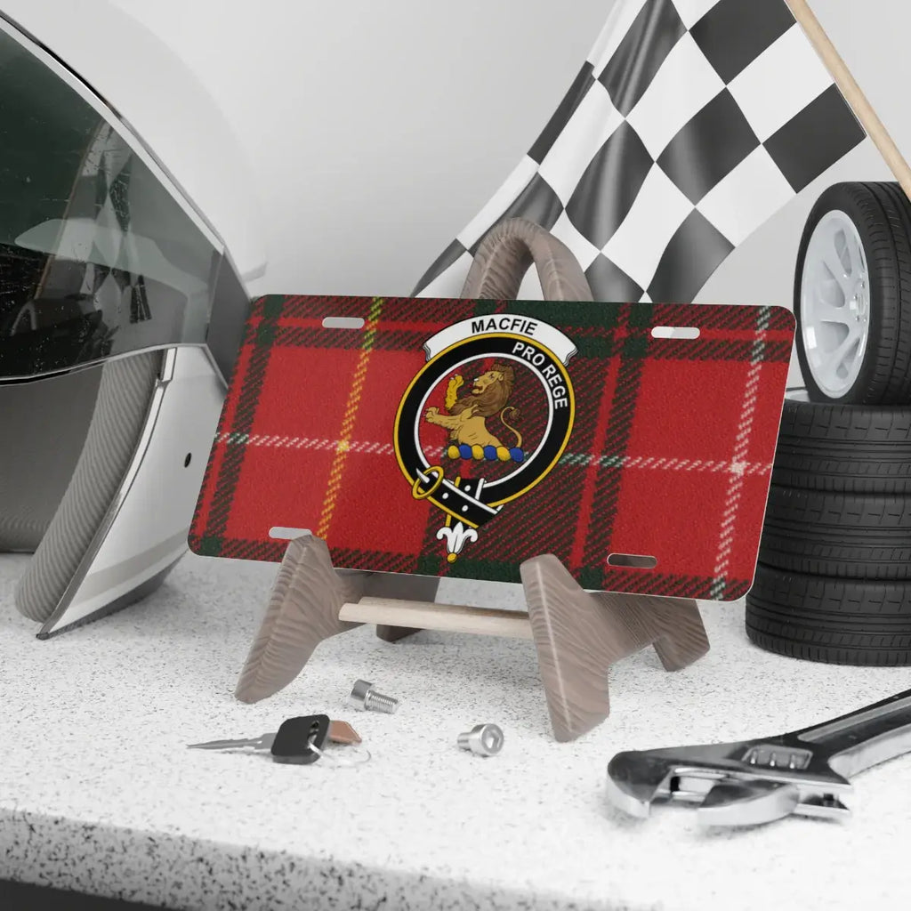 MacFie clan crest tartan novelty license plate — Pro Rege lion rampant on aluminium 12x6