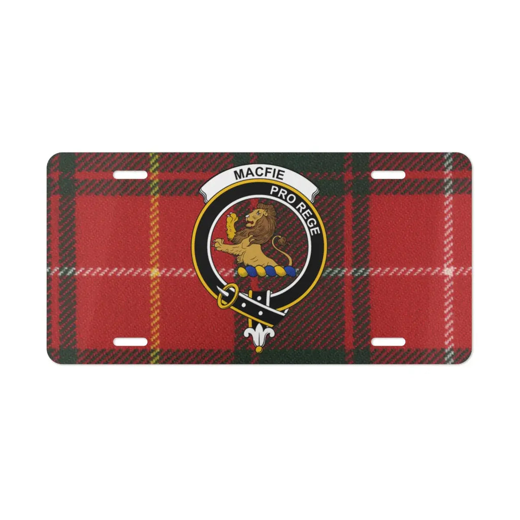 MacFie red tartan Pro Rege lion crest license plate — vivid print on white aluminium front