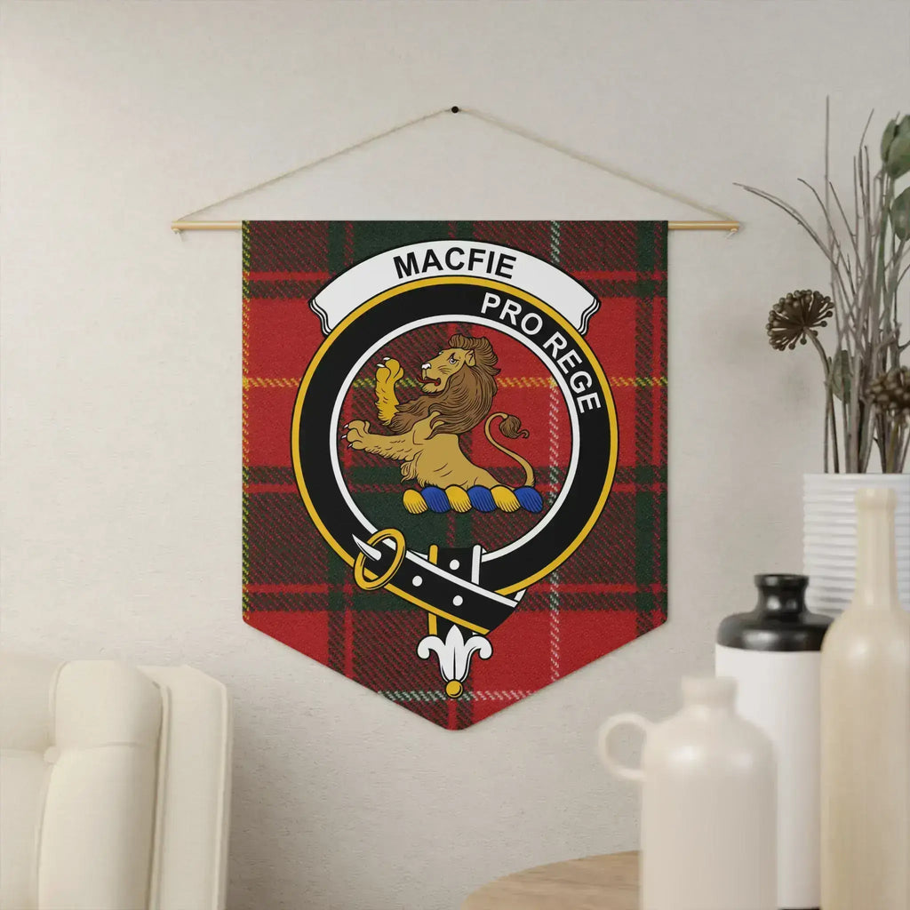 MacFie clan crest tartan pennant — Pro Rege lion rampant on 18x21 polyester twill banner