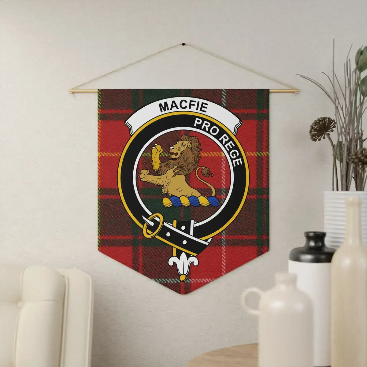 MacFie clan crest tartan pennant — Pro Rege lion rampant on 18x21 polyester twill banner