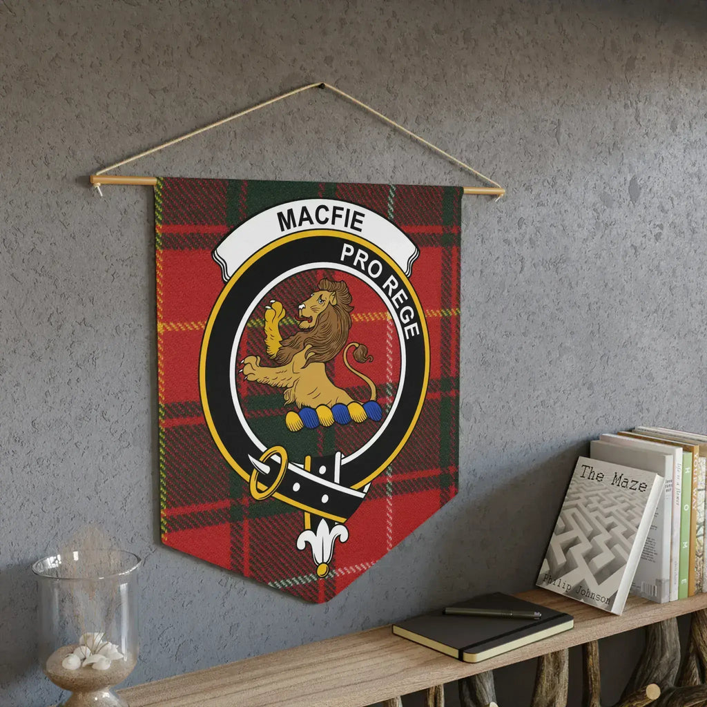 MacFie tartan pennant with wooden dowel — Scottish heritage lion rampant wall display