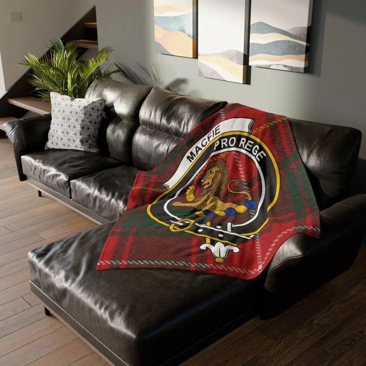 MacFie clan crest tartan throw blanket — Pro Rege lion rampant printed 50x60 polyester