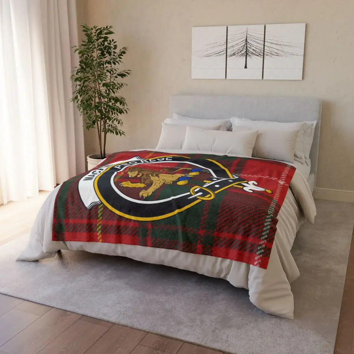 MacFie lion rampant crest on red plaid tartan throw — lightweight printed Scottish clan blanket