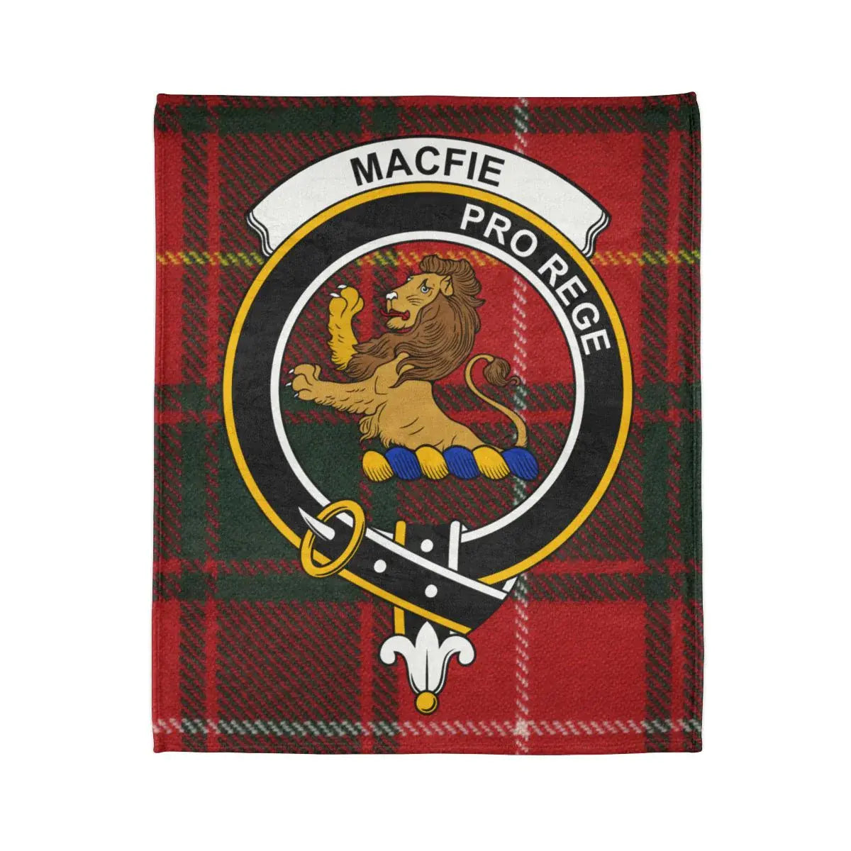 MacFie clan crest tartan throw blanket laid flat — full lion rampant and tartan print 50x60