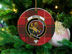 MacFie clan crest tartan ceramic ornament — Pro Rege lion rampant double-sided 3-inch round