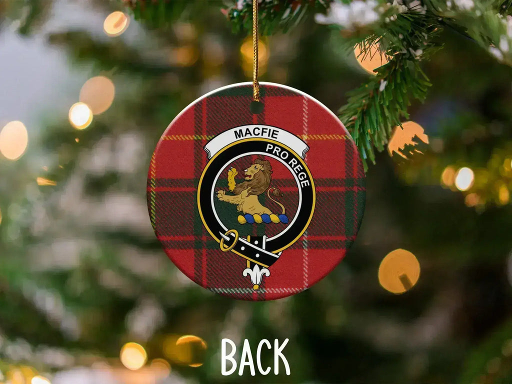 MacFie tartan crest ornament reverse side — red plaid design on ceramic Christmas keepsake
