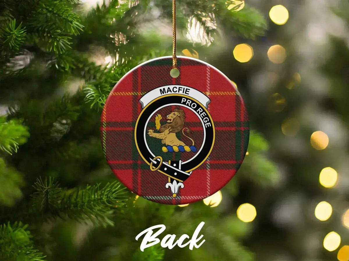 MacFie lion rampant crest ceramic ornament on Christmas tree — 3-inch round UV printed