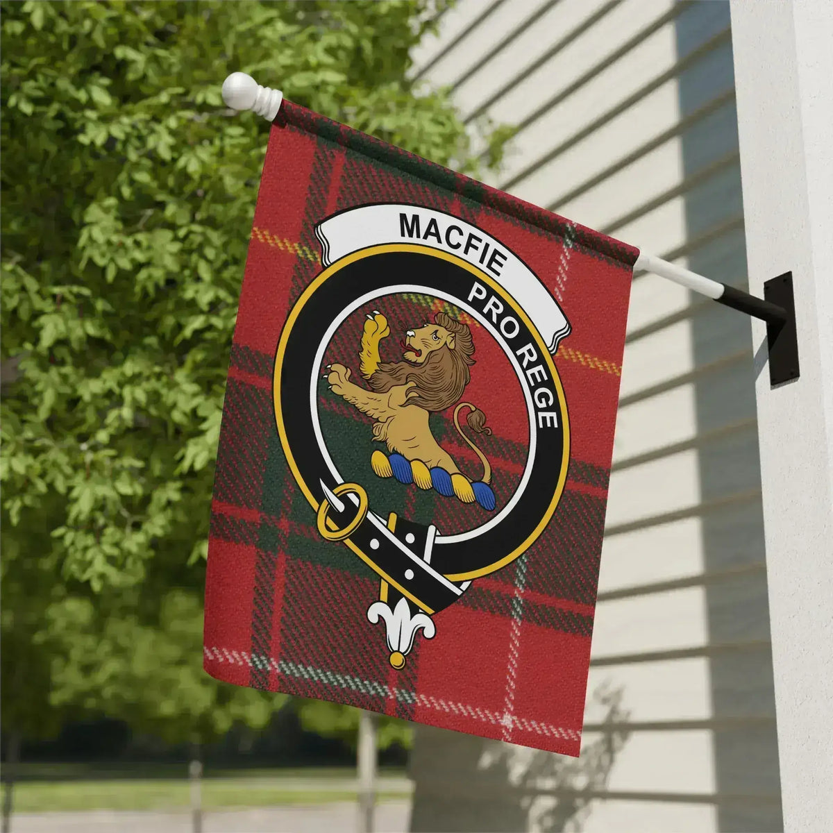 MacFie clan crest tartan garden flag — Pro Rege lion rampant on poly canvas 12x18 inch