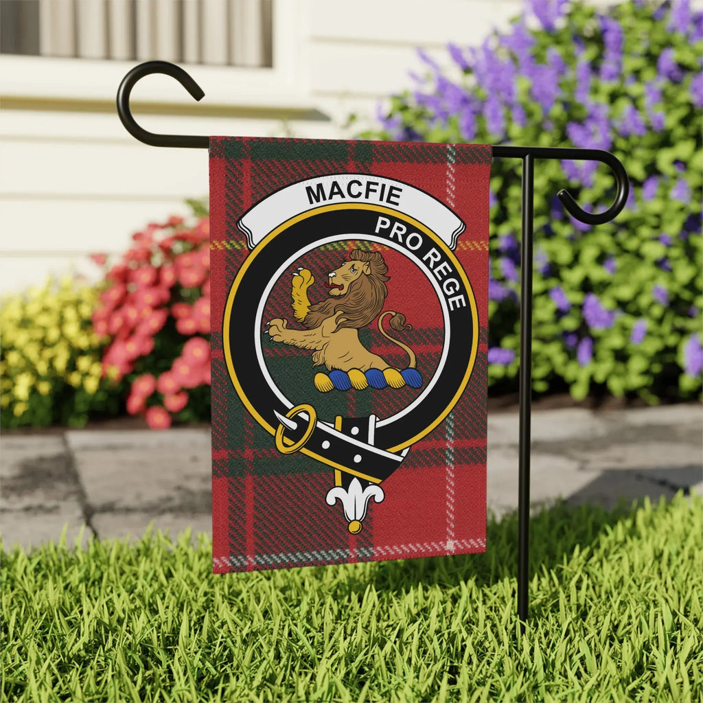 MacFie tartan crest garden flag on outdoor stake — larger 24.5x32 porch display size