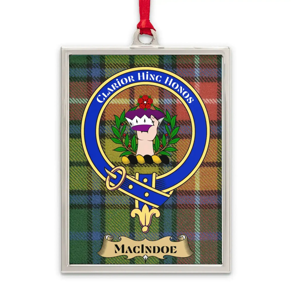 Macindoe tartan-background crest ornament shown as a Scottish heritage keepsake gift