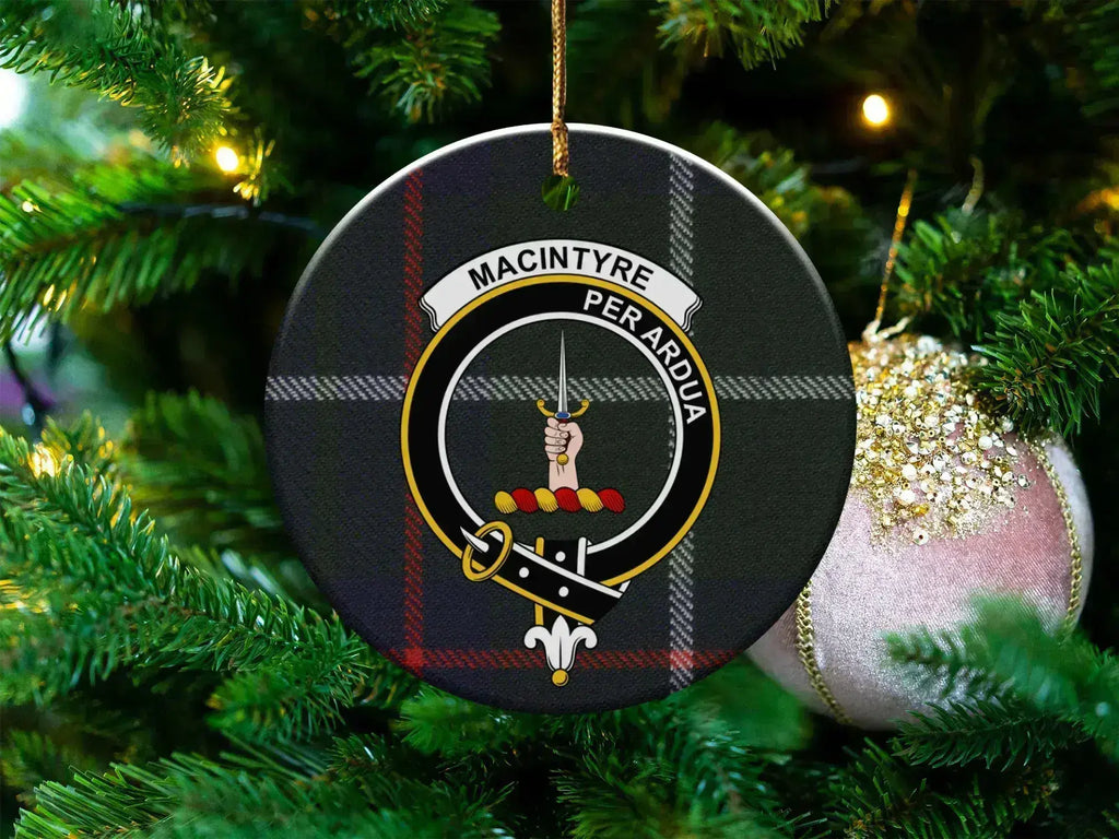 MacIntyre Per Ardua clan crest Christmas ornament — 3-inch round glossy ceramic disc