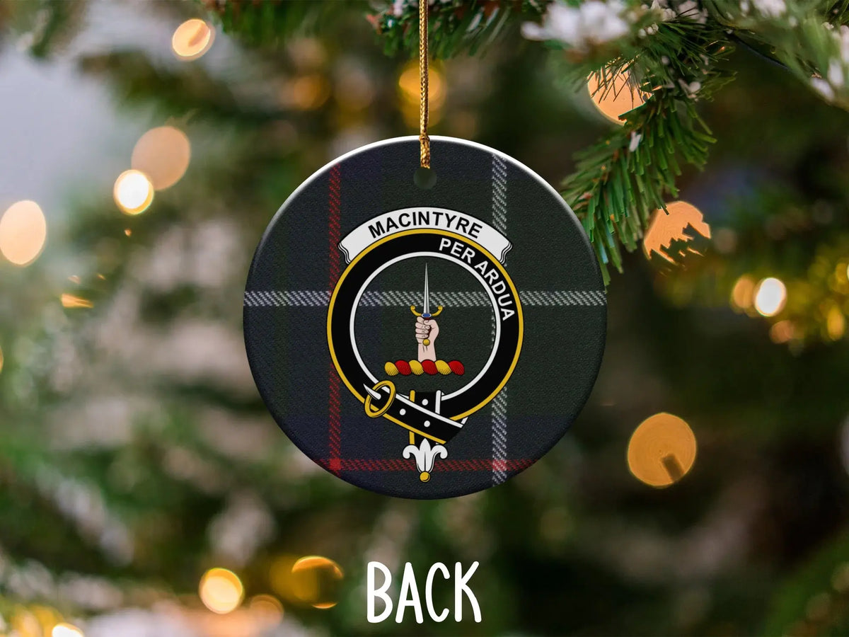 MacIntyre Per Ardua holiday ornament — 3-inch ceramic disc, gold hanging string