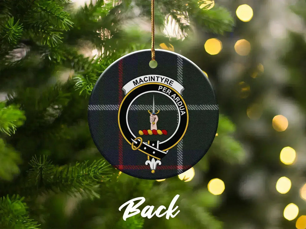 MacIntyre Per Ardua plaid clan crest ornament back view — double-sided glazed ceramic, 3-inch