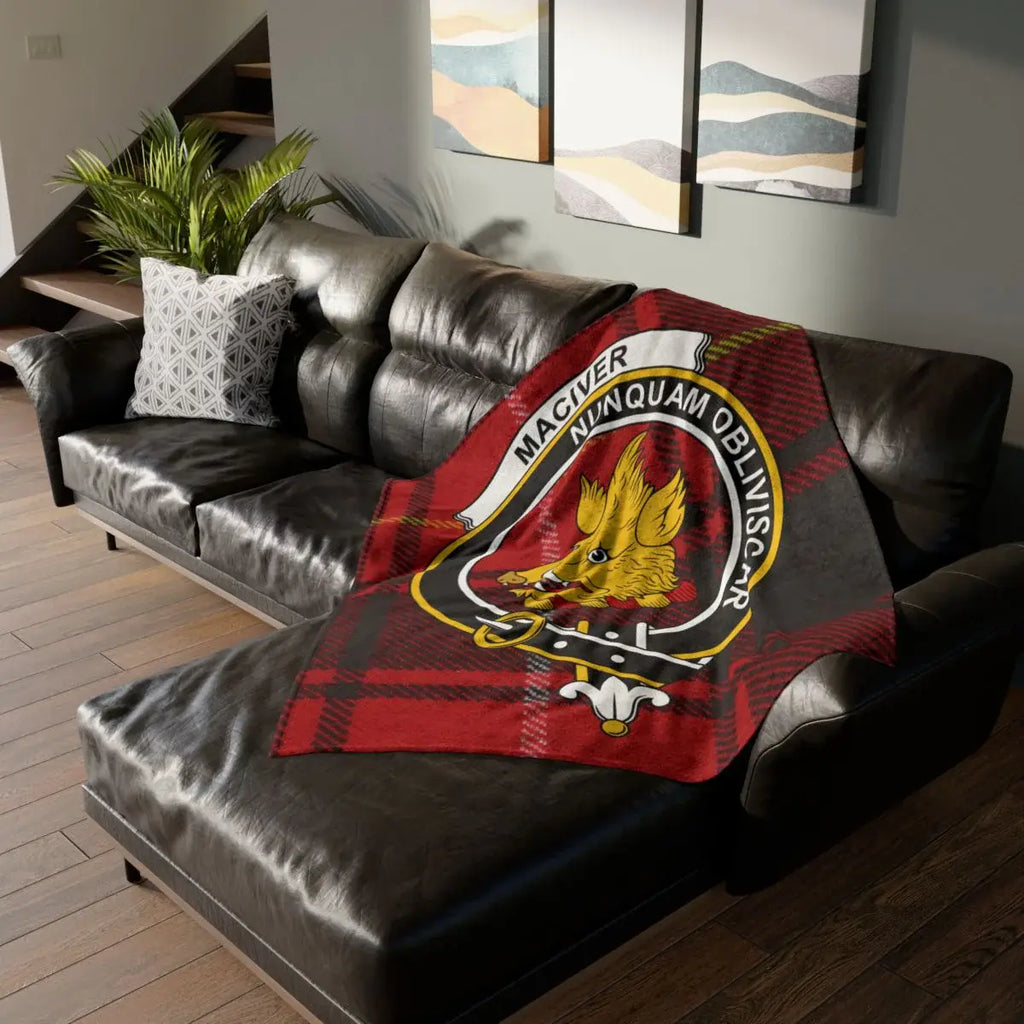 MacIver clan crest tartan throw blanket — Nunquam Obliviscar printed 50x60 polyester