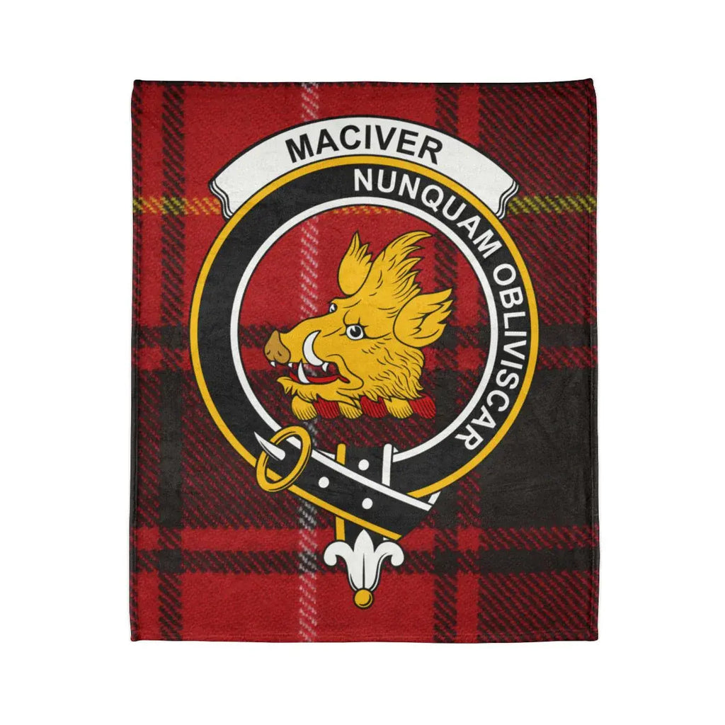 MacIver clan crest tartan throw blanket laid flat — full Nunquam Obliviscar print