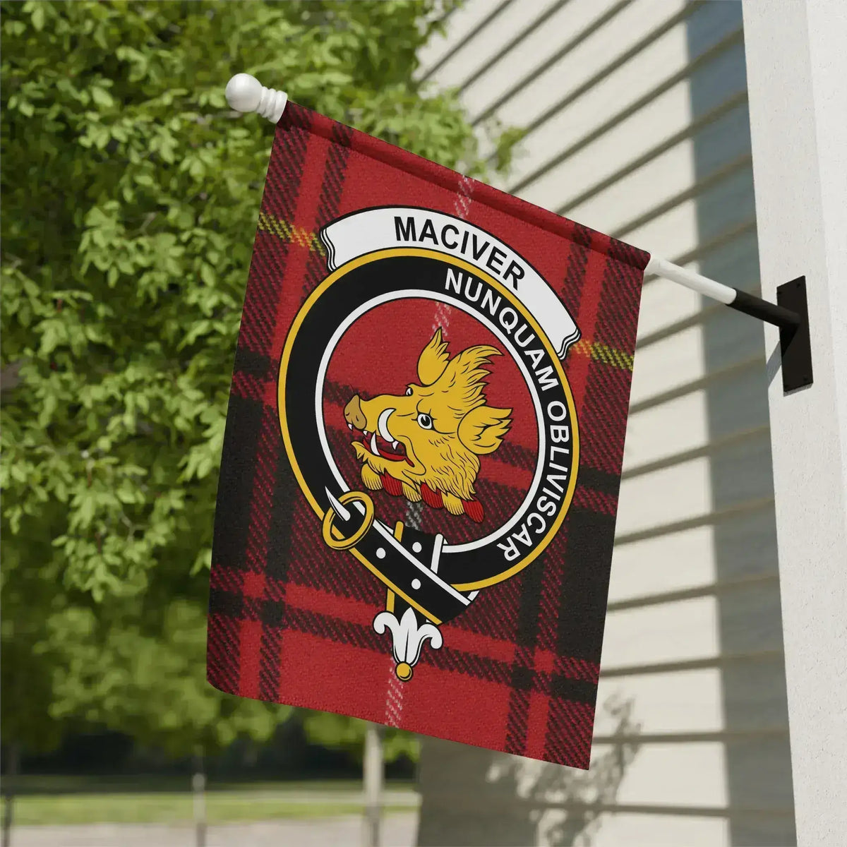 MacIver clan crest tartan garden flag — Nunquam Obliviscar on poly canvas 12x18 inch