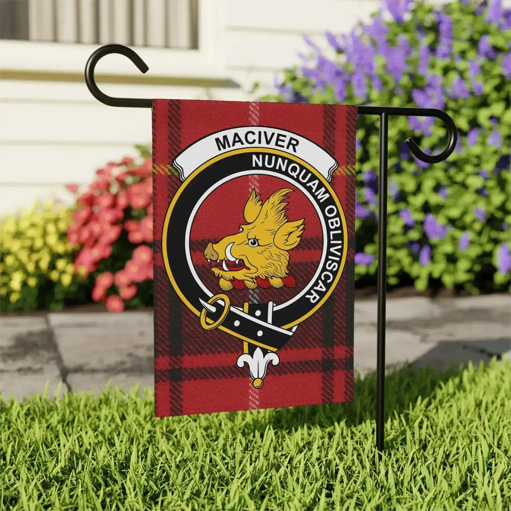 MacIver tartan crest garden flag on outdoor stake — larger 24.5x32 porch display size