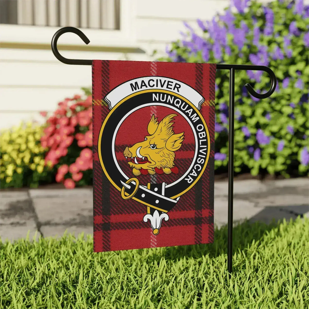 MacIver tartan crest garden flag on outdoor stake — larger 24.5x32 porch display size