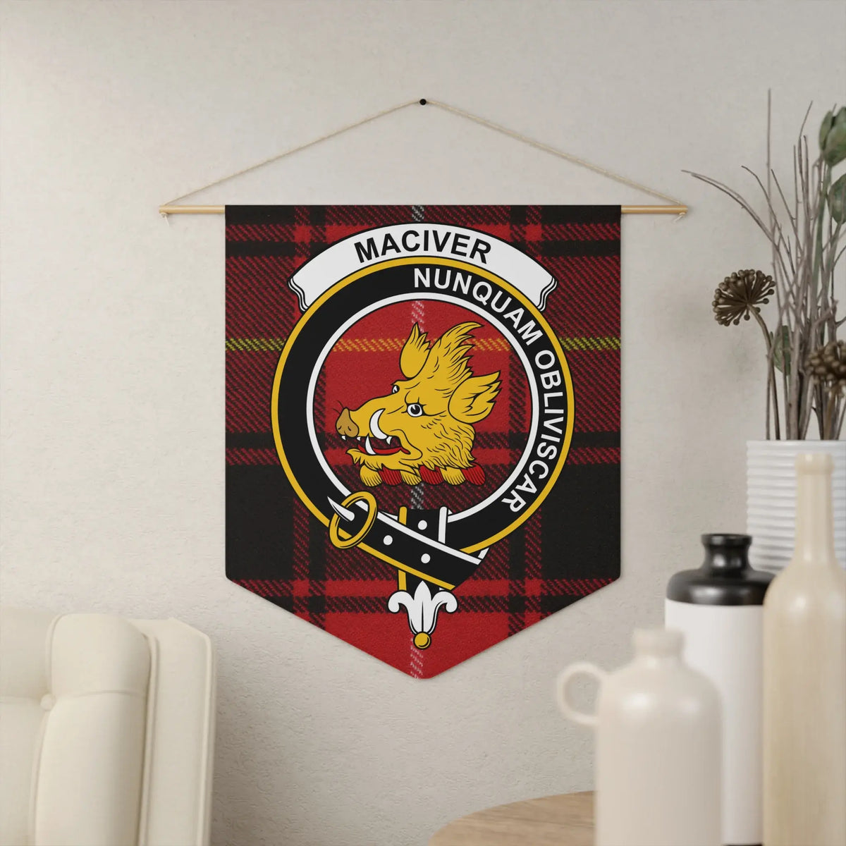 MacIver clan crest tartan pennant — Nunquam Obliviscar boar's head on 18x21 polyester twill