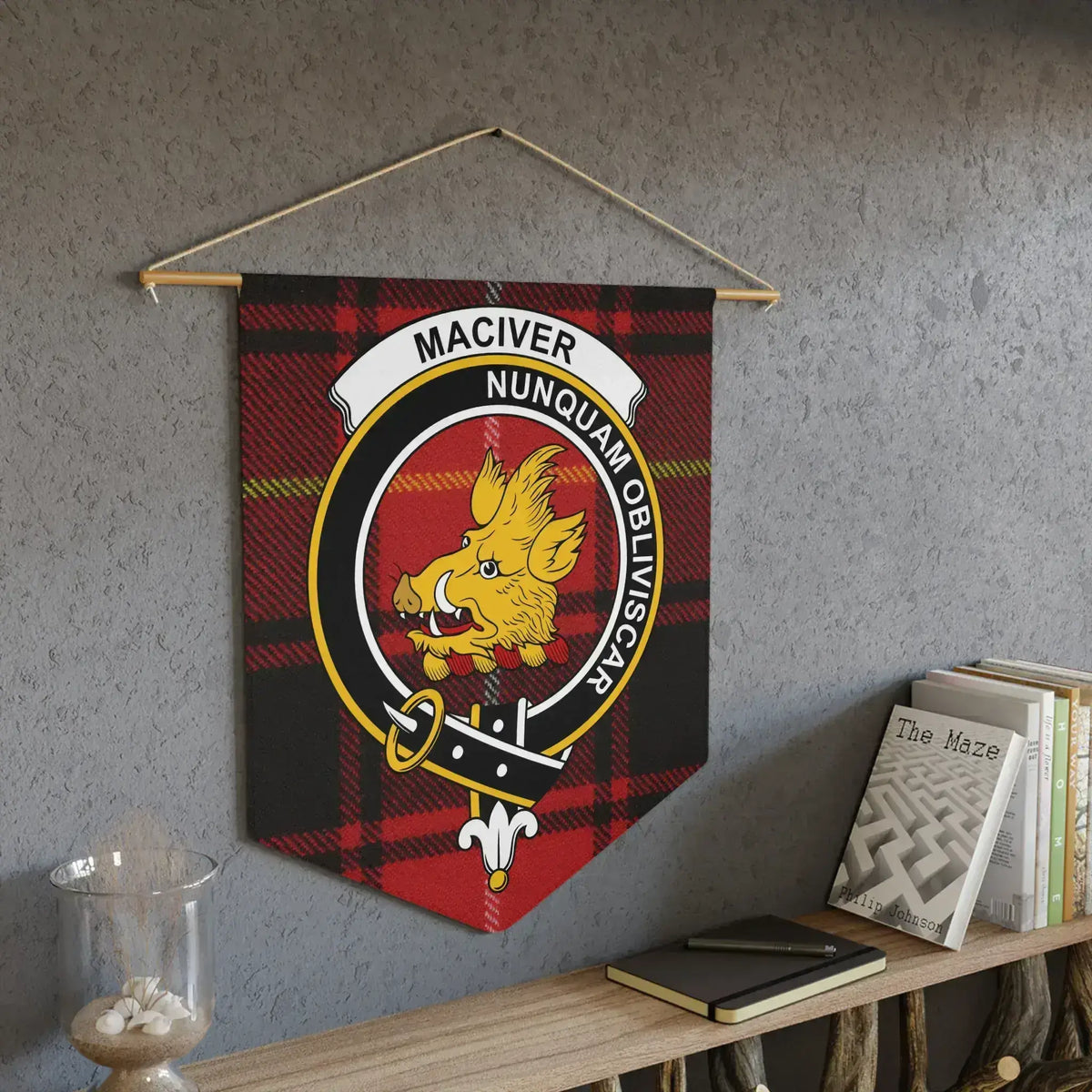 MacIver tartan pennant with wooden dowel — I Will Never Forget Scottish heritage wall banner